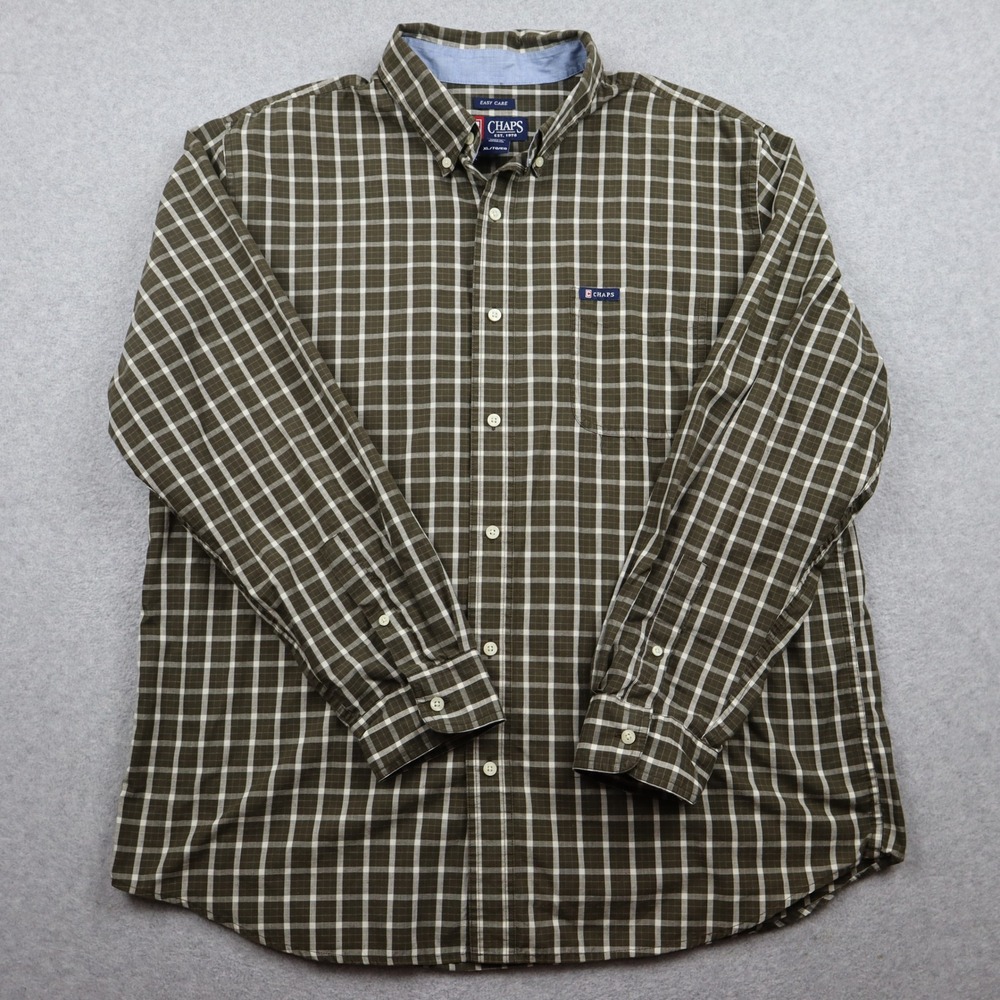 Chaps Button Down Shirt Mens XL Easy Care Brown Plaid Long Sleeve Pocket Casual